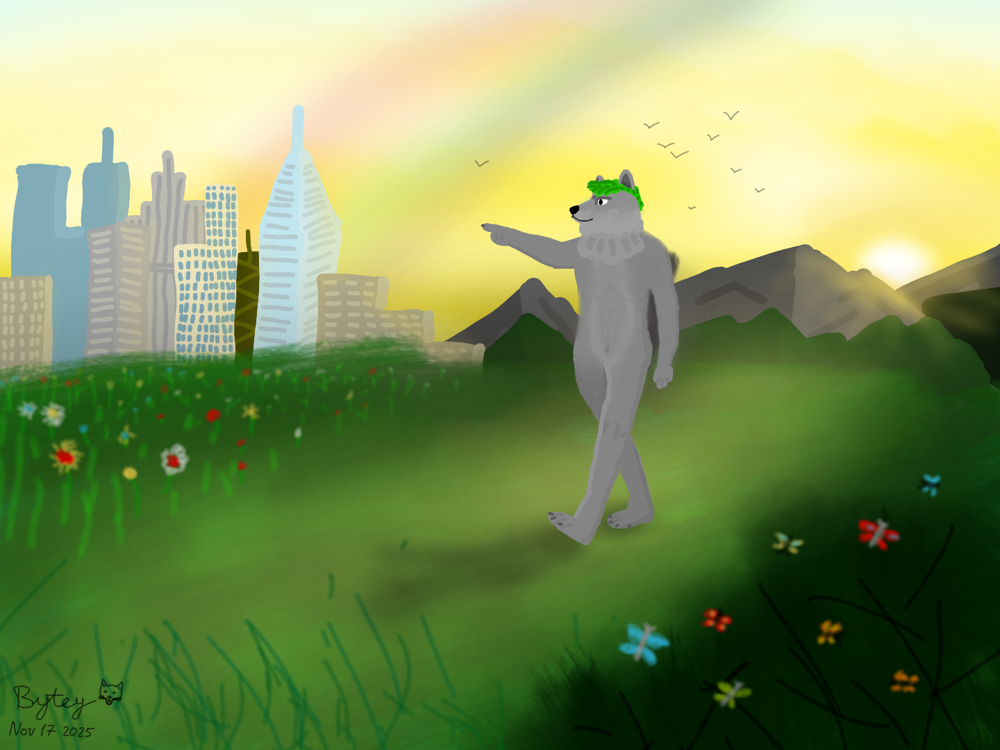 Wolf marching forward in a sunny field