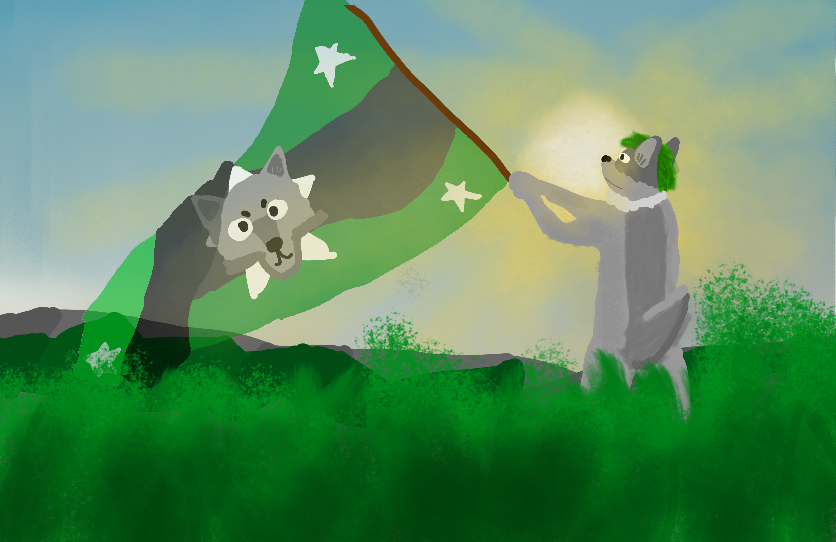 Anthropomorphic wolf waving a flag