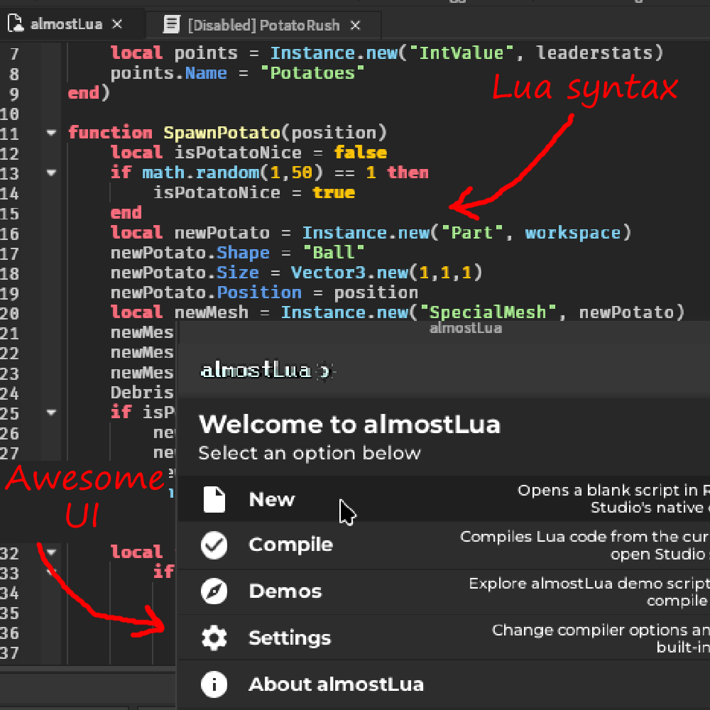 Interface of the almostLua plugin and IDE