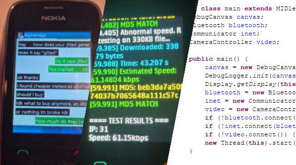 Side-by-side image of a chatting app, a speedtest app and an IDE