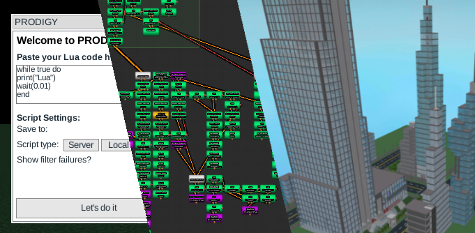Side-by-side image of a Lua interpreter, a block coding system and a birds-eye view of a simulated downtown